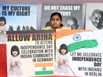 Dhara Shah, mother of Ariha Shah who is in German foster care, staging a demonstration at Jantar Mantar in New Delhi in 2023