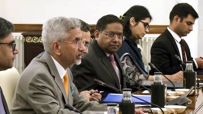 External affairs minister S Jaishankar in a meeting with German Foreign Minister Johann Wadephul and others (not in pic), in Delhi on Wednesday. (ANI Video Grab)