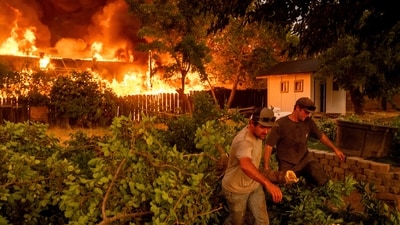 A resident trying to stop flames from spreading to his home as the 6-5 Fire burns through the Chinese Camp community of Tuolumne County, Calif., on Tuesday, Sept. 2, 2025. (AP) A resident trying to stop flames from spreading to his home as the 6-5 Fire burns through the Chinese Camp community of Tuolumne County, Calif., on Tuesday, Sept. 2, 2025. (AP)