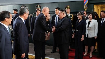 North Korea's leader Kim Jong Un (centre R) and his daughter Kim Ju Ae (3rd R) being greeted by China's Secretary of the Central Secretariat of the Communist Party Cai Qi (centre L) and Foreign Minister Wang Yi (2L) upon their arrival at the Beijing Railway Station in Beijing. (AFP) North Korea's leader Kim Jong Un (centre R) and his daughter Kim Ju Ae (3rd R) being greeted by China's Secretary of the Central Secretariat of the Communist Party Cai Qi (centre L) and Foreign Minister Wang Yi (2L) upon their arrival at the Beijing Railway Station in Beijing. (AFP)