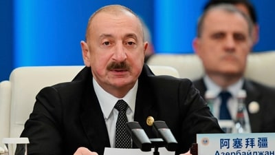 Azerbaijan's President Ilham Aliyev speaks at the Shanghai Cooperation Organization (SCO) summit in Tianjin, China , on Monday, (AP) Azerbaijan's President Ilham Aliyev speaks at the Shanghai Cooperation Organization (SCO) summit in Tianjin, China , on Monday, (AP)