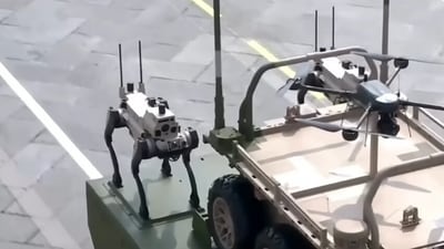 Also seen in the parade were four-legged robots that many say look like dogs, but have been touted as “robot wolves” that can potentially replace human soldiers on the battlefield by China. (YouTube/CCTV)