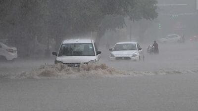 Commuters driving through a waterlogged road in Phase 11 Mohali during heavy rain on Wednesday morning. (Keshav Singh/HT) Commuters driving through a waterlogged road in Phase 11 Mohali during heavy rain on Wednesday morning. (Keshav Singh/HT)