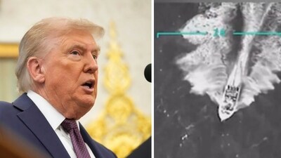 Trump shares chilling footage of US military striking boat carrying ‘Tren de Aragua Narcoterrorists’ (AP Photo/Mark Schiefelbein, @realDonaldTrump/Truth Social) Trump shares chilling footage of US military striking boat carrying ‘Tren de Aragua Narcoterrorists’ (AP Photo/Mark Schiefelbein, @realDonaldTrump/Truth Social)