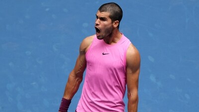 Carlos Alcaraz celebrates a point during his win over Jiri Lehecka. (Getty Images via AFP) Carlos Alcaraz celebrates a point during his win over Jiri Lehecka. (Getty Images via AFP)