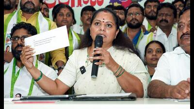 K Kavitha addresses a press conference a day after her suspension from Bharat Rashtra Samithi (BRS) in Hyderabad on Wednesday. (ANI PHOTO) K Kavitha addresses a press conference a day after her suspension from Bharat Rashtra Samithi (BRS) in Hyderabad on Wednesday. (ANI PHOTO)
