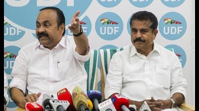 LoP in the Kerala Assembly and Congress leader VD Satheesan with UDF convener Adoor Prakash addressing a press conference, in Thiruvananthapuram on Wednesday. (PTI PHOTO)