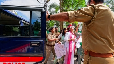 Samajwadi Party Mahila Sabha members were detained during a protest outside Uttar Pradesh BJP MLA Ketakee Singh's residence, in Lucknow on Wednesday, September 3, 2025. (PTI)