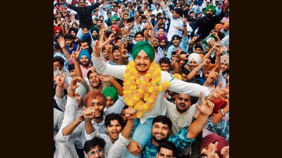 Sarabjeet Singh of KCSU in high spirits after being elected as council president of SGGSC-26. (Ravi Kumar/HT)