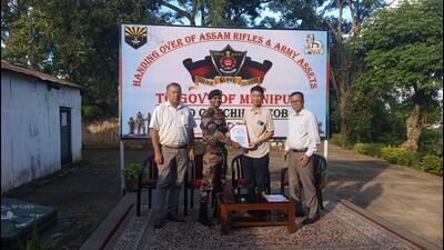 The ceremonial handing over was attended by officials and troops from Assam Rifles and representatives of the Manipur Art and Culture Department. The ceremonial handing over was attended by officials and troops from Assam Rifles and representatives of the Manipur Art and Culture Department.