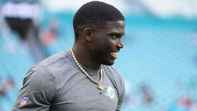 Tyreek Hill #10 of the Miami Dolphins looks on during warmups (Getty Images via AFP) Tyreek Hill #10 of the Miami Dolphins looks on during warmups (Getty Images via AFP)