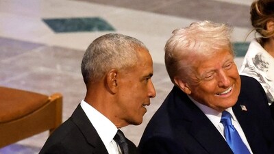 Donald Trump and Barack Obama were photographed chatting at the funeral of former US President Jimmy Carter in January 2025 (Getty Images via AFP) Donald Trump and Barack Obama were photographed chatting at the funeral of former US President Jimmy Carter in January 2025 (Getty Images via AFP)