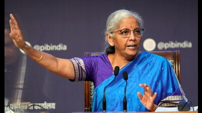 Union finance minister Nirmala Sitharaman addresses the media regarding the 56th GST Council meeting. (PTI)