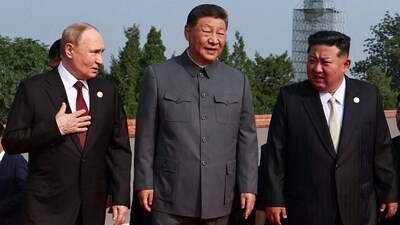 Russian President Vladimir Putin, Chinese President Xi Jinping and North Korean leader Kim Jong Un arrive for a military parade in China (via REUTERS)