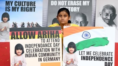 Dhara Shah, mother of Ariha Shah who is in German foster care, staging a demonstration at Jantar Mantar in New Delhi in 2023 (ANI file) Dhara Shah, mother of Ariha Shah who is in German foster care, staging a demonstration at Jantar Mantar in New Delhi in 2023 (ANI file)