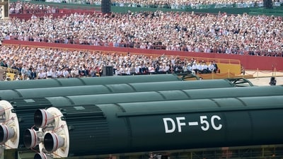 The DF-5c intercontinental ballistic missile (icbm), a notable upgrade to China's military technology, was also unveiled during Wednesday's events.The colossal liquid-fuelled nuclear weapons -- part of the country's "Dongfeng" missile series -- were displayed during the parade in the flat beds of large, camouflaged military vehicles. According to The Global Times, the DF-5C is capable of striking anywhere on Earth. (Reuters)
