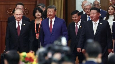 Russian President Vladimir Putin, Chinese President Xi Jinping and North Korean leader Kim Jong Un arrive to attend a reception marking the 80th anniversary of the end of World War Two, in Beijing, China (Reuters )