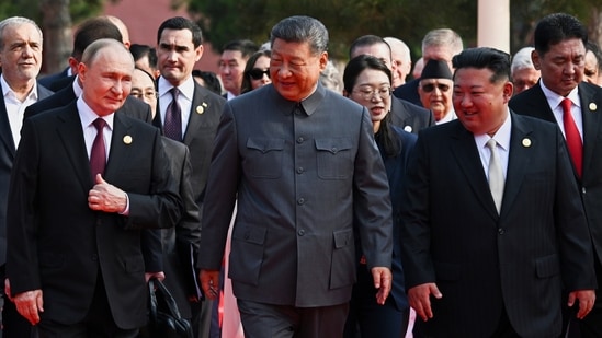 Russian President Vladimir Putin, Chinese President Xi Jinping and North Korean leader Kim Jong Un arrive at a military parade in Beijing. (AP)