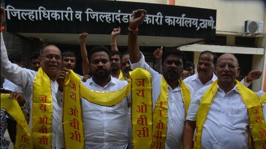 OBC groups staged a protest outside the Thane Collector's office on Wednesday. (Praful Gangurde / HT Photo)