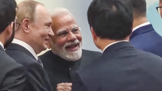 Prime Minister Narendra Modi with Russian President Vladimir Putin and other leaders at the 25th SCO Heads of State Council Summit in China. (PTI)