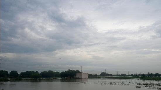 The cricket grounds in Sector 167 were inundated due to the surge in the Yamuna river following heavy monsoon rains in Noida on Wednesday. (Sunil Ghosh / Hindustan Times)