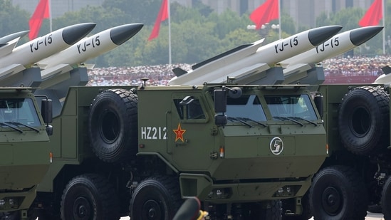 The parade also showcased for the first time the YJ-15, YJ-17, YJ-19 and YJ-20 anti-ship missiles, all capable of operating at long ranges and hypersonic, making them difficult to intercept, according to the Associate Press.(Reuters)