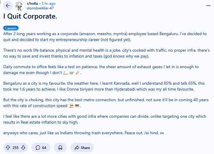 The post struck a chord online, with many users agreeing that the city's hustle culture is overrated. The post struck a chord online, with many users agreeing that the city's hustle culture is overrated.