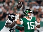 Philadelphia Eagles linebacker Antwaun Powell-Ryland Jr. (52) knocks the ball out of the hand of New York Jets quarterback Adrian Martinez (15) in the second half of a preseason NFL football game in East Rutherford, N.J., Friday, Aug. 22, 2025. (AP Photo/Frank Franklin) Philadelphia Eagles linebacker Antwaun Powell-Ryland Jr. (52) knocks the ball out of the hand of New York Jets quarterback Adrian Martinez (15) in the second half of a preseason NFL football game in East Rutherford, N.J., Friday, Aug. 22, 2025. (AP Photo/Frank Franklin)
