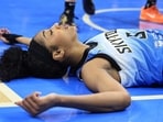Angel Reese #5 of the Chicago Sky collects herself after being fouled during the first half against the Connecticut Sun