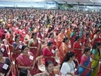 DPES campus in Kharadi set a new Guinness World Record for the ‘Most People Performing Diya Rotations Simultaneously’ when 1,724 women devotees performed aarti to Ganesh on Wednesday evening. (HT) DPES campus in Kharadi set a new Guinness World Record for the ‘Most People Performing Diya Rotations Simultaneously’ when 1,724 women devotees performed aarti to Ganesh on Wednesday evening. (HT)