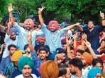 Harmehak Singh Cheema (centre) of SOI was elected as the student council president of DAV College-10. (Ravi Kumar/HT)