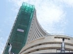 A screen displaying the Sensex is pictured at the Bombay Stock Exchange (BSE) building in Mumbai