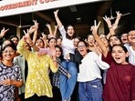 Independent candidate Shreeyal Chauhan lifted by her peers after she was elected the council president of PGGCG-11 in Chandigarh on Wednesday. (Ravi Kumar/HT)