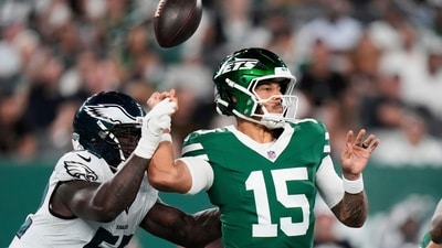 Philadelphia Eagles linebacker Antwaun Powell-Ryland Jr. (52) knocks the ball out of the hand of New York Jets quarterback Adrian Martinez (15) in the second half of a preseason NFL football game in East Rutherford, N.J., Friday, Aug. 22, 2025. (AP Photo/Frank Franklin) (AP) Philadelphia Eagles linebacker Antwaun Powell-Ryland Jr. (52) knocks the ball out of the hand of New York Jets quarterback Adrian Martinez (15) in the second half of a preseason NFL football game in East Rutherford, N.J., Friday, Aug. 22, 2025. (AP Photo/Frank Franklin) (AP)