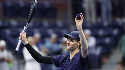 Jannik Sinner of Italy celebrates after defeating Lorenzo Musetti in straight sets during their Men's Quarterfinal match (Getty Images via AFP) Jannik Sinner of Italy celebrates after defeating Lorenzo Musetti in straight sets during their Men's Quarterfinal match (Getty Images via AFP)