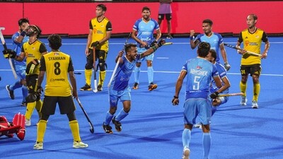 India's Vivek Sagar Prasad (32) celebrates after scoring a goal during a Men's Hockey Asia Cup 2025 match between India and Malaysia (PTI)