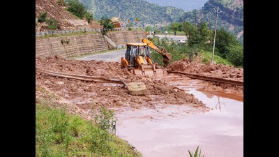 Restoration work is underway on the Jammu-Srinagar NH following landslides, at Khari in Udhampur on Thursday. (ANI) Restoration work is underway on the Jammu-Srinagar NH following landslides, at Khari in Udhampur on Thursday. (ANI)