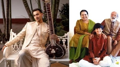 Sitarist-musician Rishab Rikhiram Sharma; (R) with his guru Pt Ravi Shankar (1920 to 2012) and Sukanya Shankar during his formative years. (Photo: Facebook) Sitarist-musician Rishab Rikhiram Sharma; (R) with his guru Pt Ravi Shankar (1920 to 2012) and Sukanya Shankar during his formative years. (Photo: Facebook)