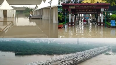 From roads to crematorium grounds, the floodwaters from the Yamuna River entered several and waterlogged several places across Delhi. (ANI/PTI) From roads to crematorium grounds, the floodwaters from the Yamuna River entered several and waterlogged several places across Delhi. (ANI/PTI)