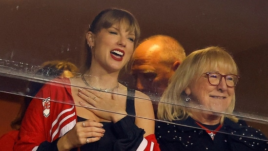 Donna Kelce faced backlash for unintentionally reposting a comedian's video about Taylor Swift's desire to have a baby with her son. (Photo by David Eulitt / GETTY IMAGES NORTH AMERICA / Getty Images via AFP) (Getty Images via AFP)