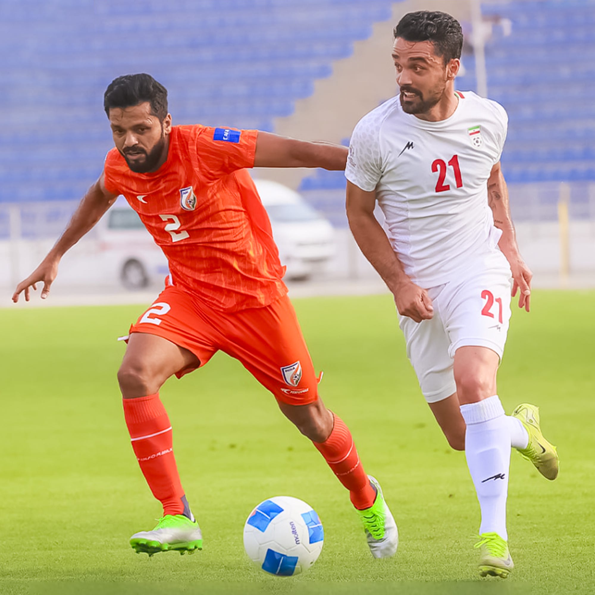 Rahul Bheke tries to prevent Iran's Omid Norafkan from launching a delivery. (AIFF) Rahul Bheke tries to prevent Iran's Omid Norafkan from launching a delivery. (AIFF)