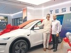 Mumbai, India - September 05, 2025: Maharashtra Transport Minister Pratap Sarnaik received the first delivery of Model Y from the showroom located Bandra Kurla Complex in Mumbai, India, on Friday, September 05, 2025. (Photo by Satish Bate/ Hindustan Times) (Hindustan Times)