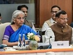 Union finance minister Nirmala Sitharaman and Union Minister for State for Finance Pankaj Chaudhary during the 56th meeting of the GST Council, in New Delhi on Wednesday. Several CM's of states attend the meeting. (ANI)