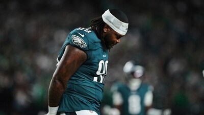 Philadelphia Eagles defensive tackle Jalen Carter walks off the field after being disqualified for unsportsman like conduct before an NFL football game against the Dallas Cowboys Thursday, Sept. 4, 2025, in Philadelphia. (AP) Philadelphia Eagles defensive tackle Jalen Carter walks off the field after being disqualified for unsportsman like conduct before an NFL football game against the Dallas Cowboys Thursday, Sept. 4, 2025, in Philadelphia. (AP)