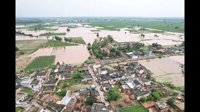 An aerial view of flooded villages of Shahabad in Kurukshetra on Friday. (HT Photo) An aerial view of flooded villages of Shahabad in Kurukshetra on Friday. (HT Photo)