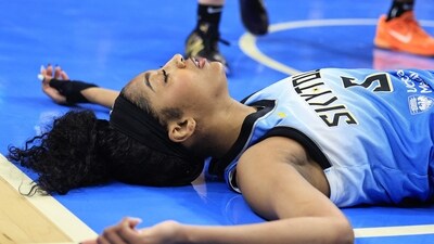 Angel Reese #5 of the Chicago Sky collects herself after being fouled during the first half against the Connecticut Sun at Wintrust Arena on September 3, 2025 in Chicago, Illinois. (Getty Images via AFP) Angel Reese #5 of the Chicago Sky collects herself after being fouled during the first half against the Connecticut Sun at Wintrust Arena on September 3, 2025 in Chicago, Illinois. (Getty Images via AFP)