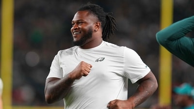 Jalen Carter of the Eagles was disqualified early in the game for unsportsmanlike conduct after reportedly spitting on Dak Prescott.  (Photo by Mitchell Leff / GETTY IMAGES NORTH AMERICA / Getty Images via AFP) (Getty Images via AFP)