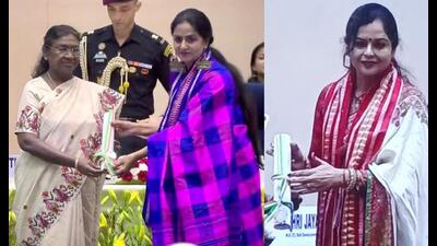 Prof Vibha Sharma from AMU, Madhurima Tiwari, principal, PM Shri Composite School, Mirzapur and Ram Lal Singh Yadav, a teacher at the upper primary school, Badwapu, in Bhadohi received the award from President Droupadi Murmu. (Sourced) Prof Vibha Sharma from AMU, Madhurima Tiwari, principal, PM Shri Composite School, Mirzapur and Ram Lal Singh Yadav, a teacher at the upper primary school, Badwapu, in Bhadohi received the award from President Droupadi Murmu. (Sourced)