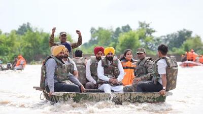 Punjab chief minister Bhagwant Mann touring flood-affected villages in Ferozepur district on September 2. (HT Photo)