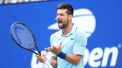 Novak Djokovic (SRB) after a miss to Carlos Alcaraz (ESP) (not pictured) on day thirteen of the 2025 U.S. Open tennis tournament (IMAGN IMAGES via Reuters Connect)
